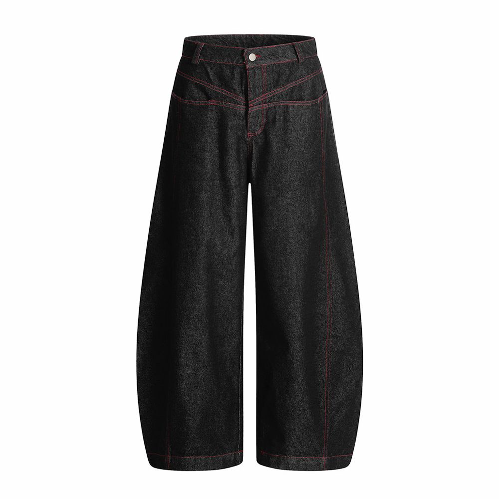Design Sense Silhouette Scimitar Jeans Deconstructed Split Stitching Topstitching Wide Leg Loose Long Pants Men's High_mkmklike.com