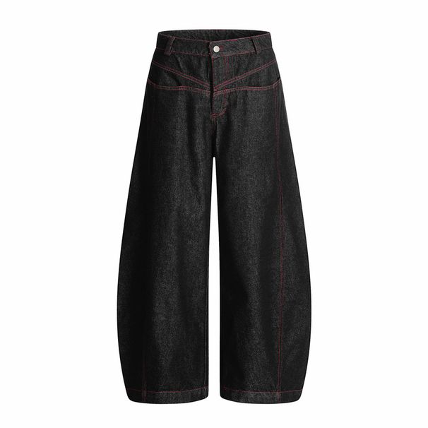 Design Sense Silhouette Scimitar Jeans Deconstructed Split Stitching Topstitching Wide Leg Loose Long Pants Men's High_mkmklike.com