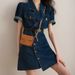 Jinqian Denim Dress Design Feeling Slim Waist, Commuting Short Sleeve, Small Figure Skirt Fashion_mkmklike.com