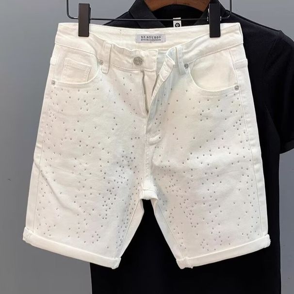 Men's Rhinestone Embellished Denim Shorts – High-Street Summer Fashion With Glamorous Detailing (Slim Fit, Mid-Length, Trendy Streetwear)_mkmklike.com