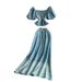 Women's Clothing Elegant Two-Piece Denim Set - Square Neckline With Puff Sleeves & High-Waisted Ombre Skirt (Light Blue, S/M/L/XL)_mkmklike.com