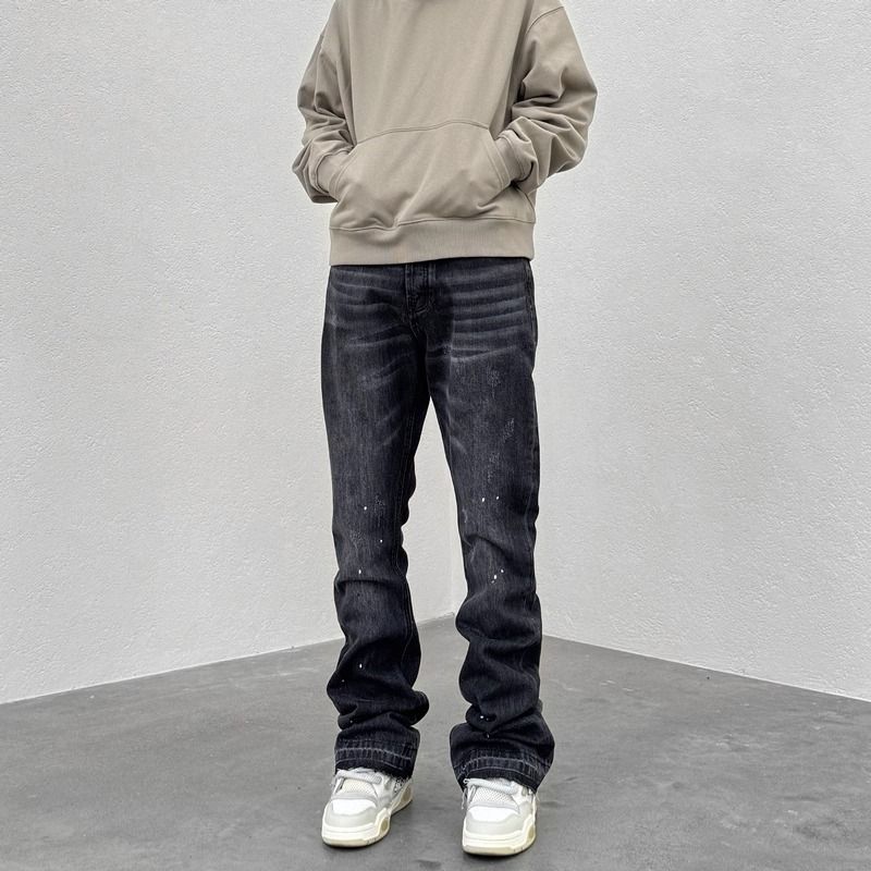High Street Distressed Washed Wide-Leg Flare Jeans Men's Oversized Boyfriend Fit Paint Splatter Whisker Details_mkmklike.com