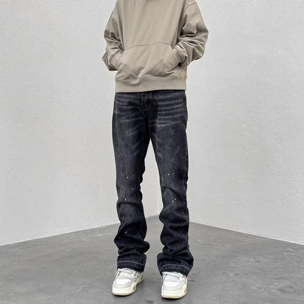 High Street Distressed Washed Wide-Leg Flare Jeans Men's Oversized Boyfriend Fit Paint Splatter Whisker Details_mkmklike.com