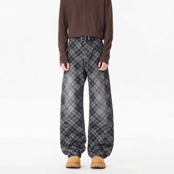 Men's Clothing Men's Retro Blue Plaid Wide Leg Jeans Slightly Flared Loose Fit Sophisticated Design Spring Style_mkmklike.com