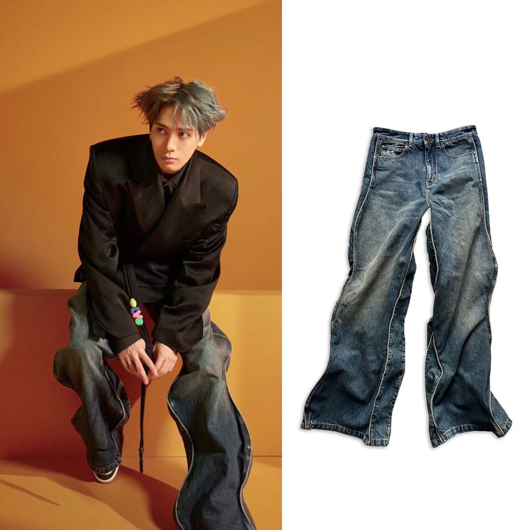 Men's Oversized Wave Hem Jeans – Streetwear Relaxed Fit, Washed Denim, S-XXXL (90% Cotton, Mid-Rise, Unisex High-Fashion Trousers)_mkmklike.com