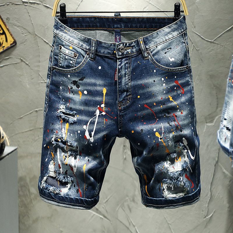 Men's Clothing 2025 Summer High Street Trendy Men's Spring Five-point Shorts Hand-painted Paint Hole Patch Patch Denim Shorts For Men_mkmklike.com