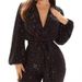 Women's sequined jumpsuits, sexy V-neck wide-leg trousers_mkmklike.com