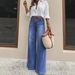Retro Flared Jeans For Women - High Waist Vintage Denim Pants With Distressed Wash, 70s Inspired Wide Leg Bell Bottoms_mkmklike.com