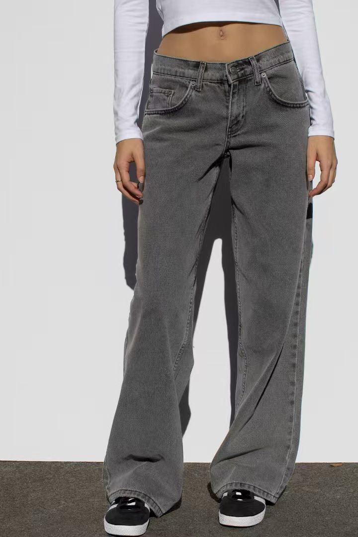 Women's Clothing Vintage Washed High-Waisted Wide-Leg Relaxed Fit Flowy Denim Jeans For Women - Classic Straight Cut, Comfortable Cotton Blend, Casual_mkmklike.com