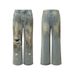 Post-apocalyptic Distressed Dirty Jeans Long Trendy Punk Design Fun Cartoon Print Loose Wide-leg Pants For Men_mkmklike.com