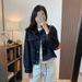 Chicco Vintage Dark Blue Original Color Topstitch Women's Simple Commuter Box-style Slimming Denim Jacket Short Coat_mkmklike.com
