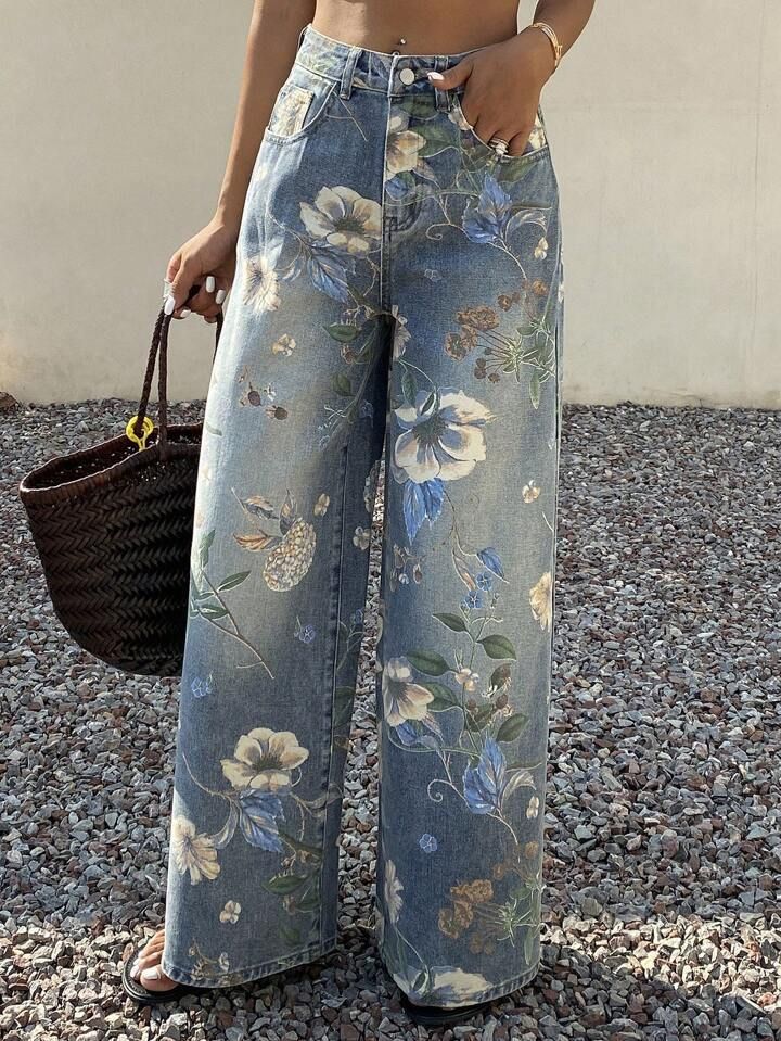 Women's Printed Wide-Leg Jeans – High-Waisted Loose Fit Denim Pants For Bold Streetwear Looks_mkmklike.com