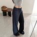 Dark Blue Low Rise Raw Denim Jeans Women's Retro Washed Casual Wide Leg Straight Leg Jeans No Waistband Design For Autumn Winter Style_mkmklike.com