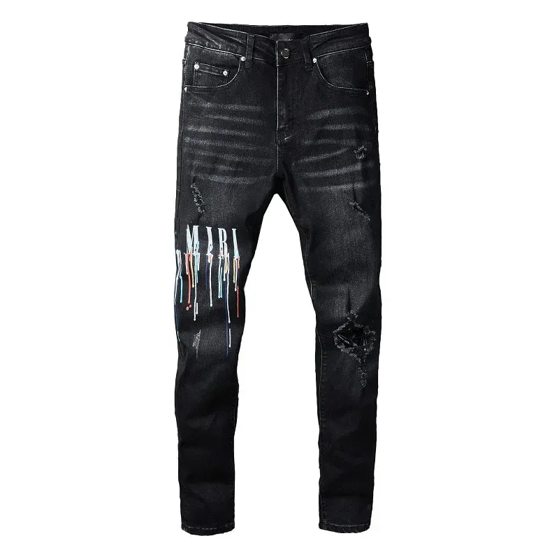 Fashionable Street Spray Painted Colorful Letters Denim Cotton Casual Trousers Black Tight Jeans For Youth_mkmklike.com