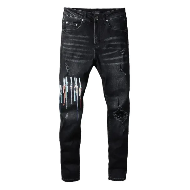 Fashionable Street Spray Painted Colorful Letters Denim Cotton Casual Trousers Black Tight Jeans For Youth_mkmklike.com