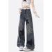 Women's Star Denim Cargo Pants, Autumn American Retro Street Style, Draped High Waist Loose Straight Wide Leg Long_mkmklike.com