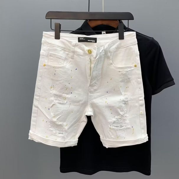 Men's Slim-Fit Distressed Denim Shorts White Wash Korean Street Style Ripped Details 5-Inch Summer Shorts Size 28-36_mkmklike.com