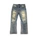 Men's Retro Patchwork Ripped Jeans High Street Style Distressed Finish Knife Cut Splatter Paint Dirty Wash Design Blue mid Waist_mkmklike.com