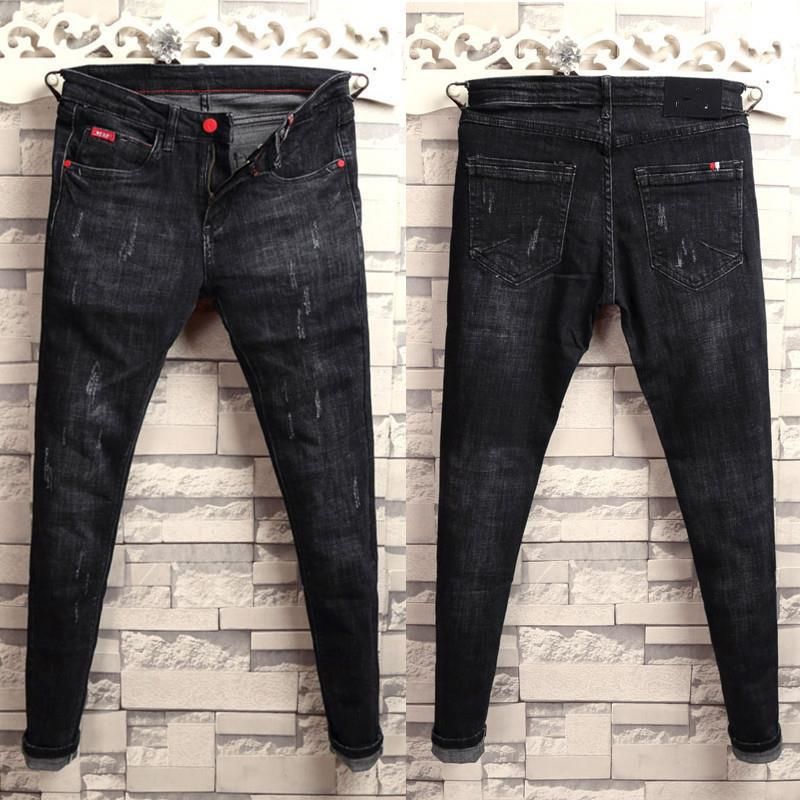 Men's Slim Fit Vintage Jeans – Distressed Blue & Black With Red Button Details | Korean Streetwear Skinny Denim Pants_mkmklike.com