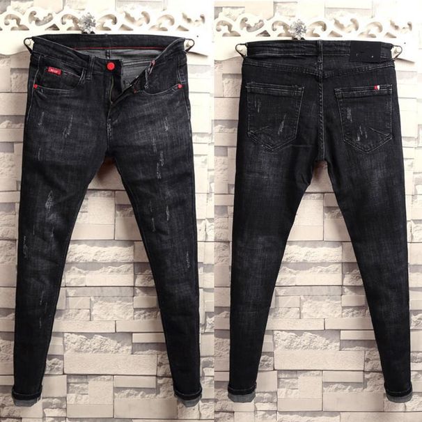 Men's Slim Fit Vintage Jeans – Distressed Blue & Black With Red Button Details | Korean Streetwear Skinny Denim Pants_mkmklike.com