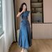 Denim Dress, Medium Length Ruffled Edge A-Line Skirt, Casual Korean Version, Flying Sleeve, Round Neck, Short Sleeved_mkmklike.com