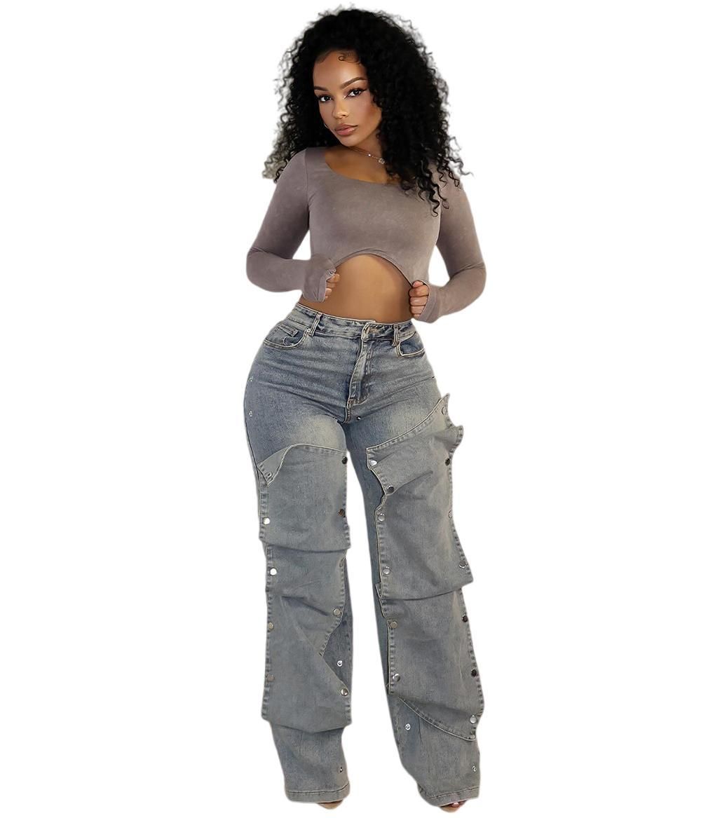 Women's Clothing Women's Straight Jeans Women's Autumn Street Fashion Detachable Button High Waist Pants_mkmklike.com