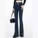 Women's Stretch Denim Pants, Slim Fit With Front Seam & Diagonal Slit Detail For A Flattering Look, Trendy Flared Bootcut Jeans_mkmklike.com