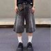 Vintage Washed Lightning Bolt Denim Shorts - Unisex Baggy 7/10 Length Jeans For Summer (Black/Blue, Sizes S-3xl)_mkmklike.com