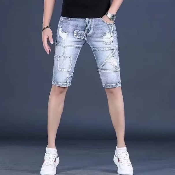 American Casual Trendy Ripped Cat Whiskers Denim Straight Leg Ruff Handsome Summer Men's Five Quarter Pan Student_mkmklike.com