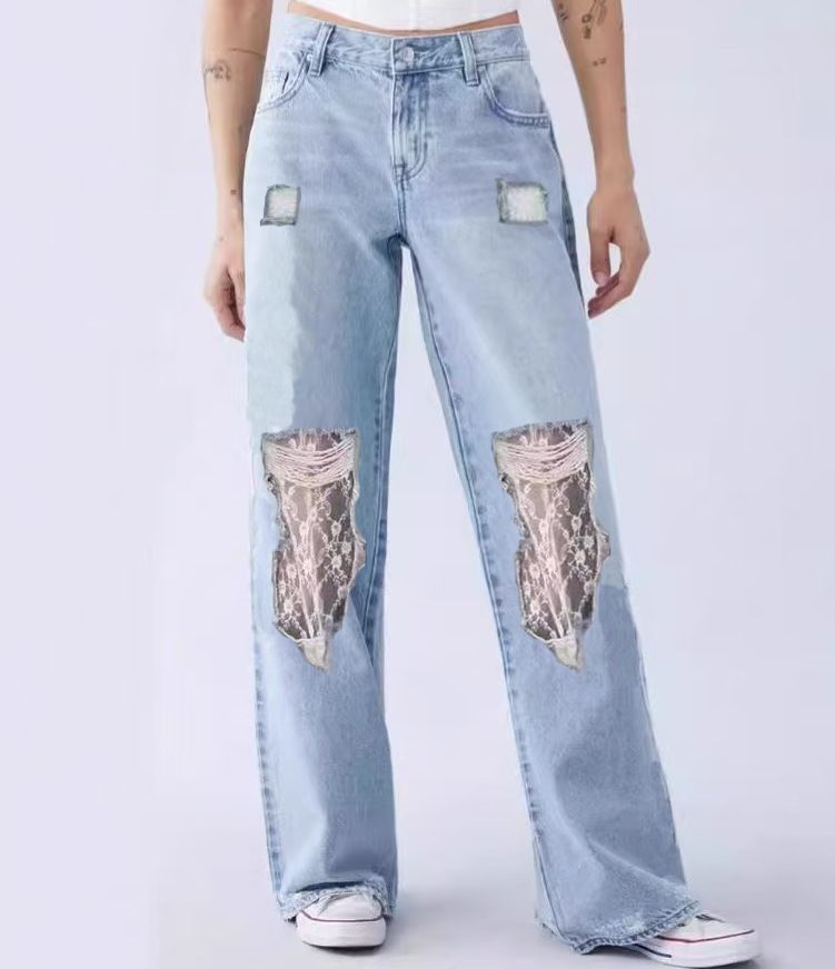 Distressed Denim Jeans Oversized Ripped Patchwork Lace-Up Pants ( Cotton Blend, Vintage Wash, Streetwear & Boho Chic, Plus Size Friendly)_mkmklike.com