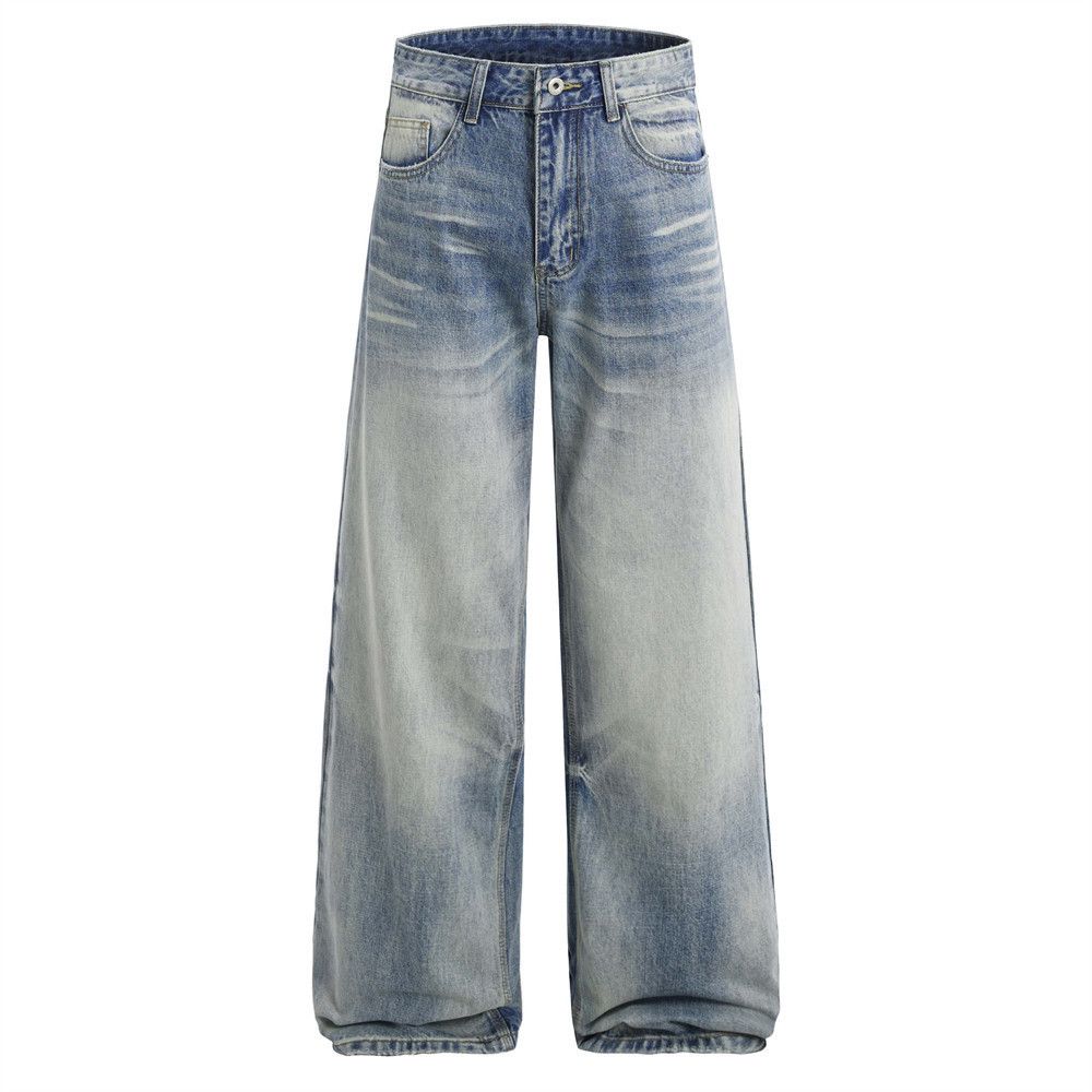 Washed Gradient Jeans Men's American Street Style Loose Wide-Leg Dad Punk Distressed Straight Long Pants_mkmklike.com