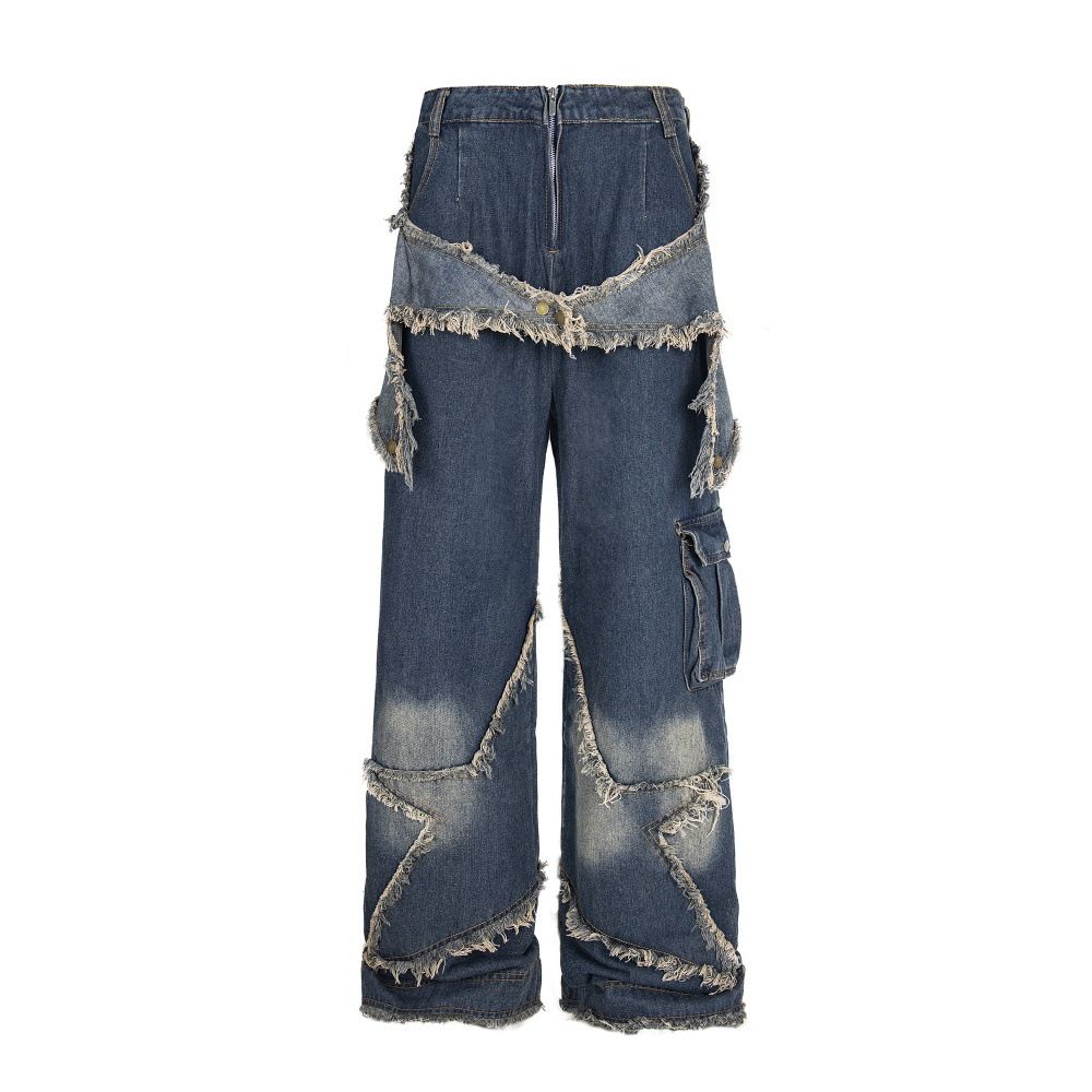 Five-Pointed Star Patch Jeans For Men, Niche Design, Frayed Edges, Distressed Wash, Loose Straight-Leg Pants, High_mkmklike.com