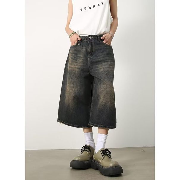 Retro Distressed Loose Wide Leg Denim Shorts for Men Hong Kong Style Nostalgic Vintage Summer Lazy Trendy Clothing_mkmklike.com