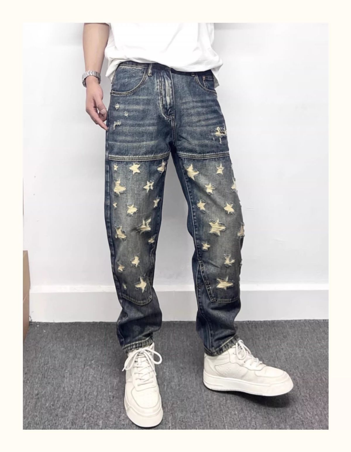 Men's Clothing Trendy Skinny Tapered Jeans Casual Retro Style Distressed Straight-Leg Jeans Edgy Pants_mkmklike.com