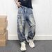 Men's Distressed Washed Denim Jeans – Oversized Cargo Pants With Paint Splatter & Multi-Pocket Design (Straight Fit) – Heavyweight Workwear Pants_mkmklike.com