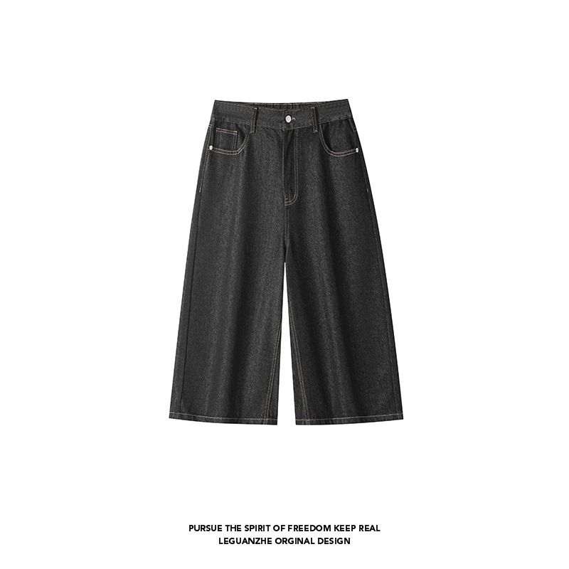 American High Street Style Raw Denim Cropped Jeans For Men, New Summer Loose Wide-leg Couple's Trendy Casual Shorts_mkmklike.com