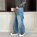 Men's Retro Curved Blade Jeans Loose Fit Straight Leg Workwear High Street Style Versatile Wide Leg Multi Pocket Trousers_mkmklike.com