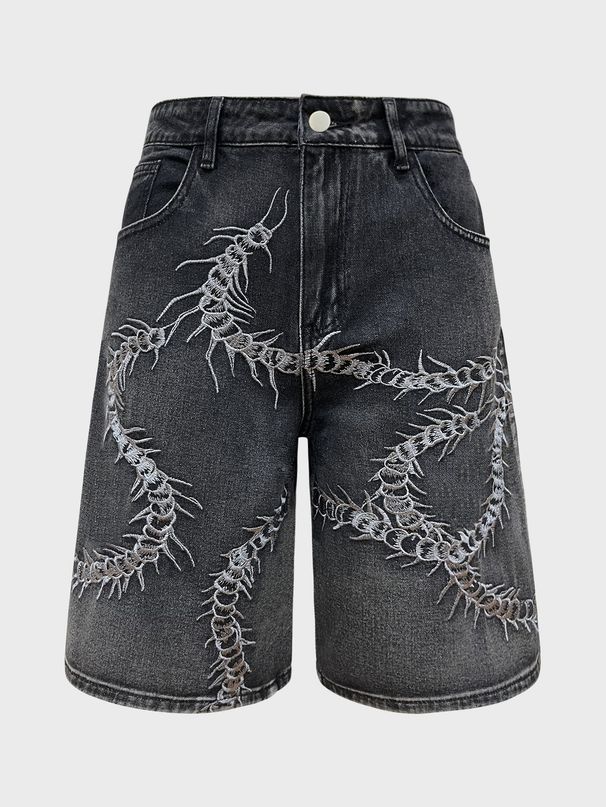Amazon's European And American Retro Washed Denim Shorts For Men, Featuring Centipede Embroidery, Loose Fit, Street Style, Hip Hop, Trendy, Versatile Men's Trousers._mkmklike.com