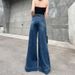 Women's Clothing High Waist Wide Leg Jeans - Stretchy Retro Blue Flared Trousers With Vintage Wash & Floor-Length Design_mkmklike.com