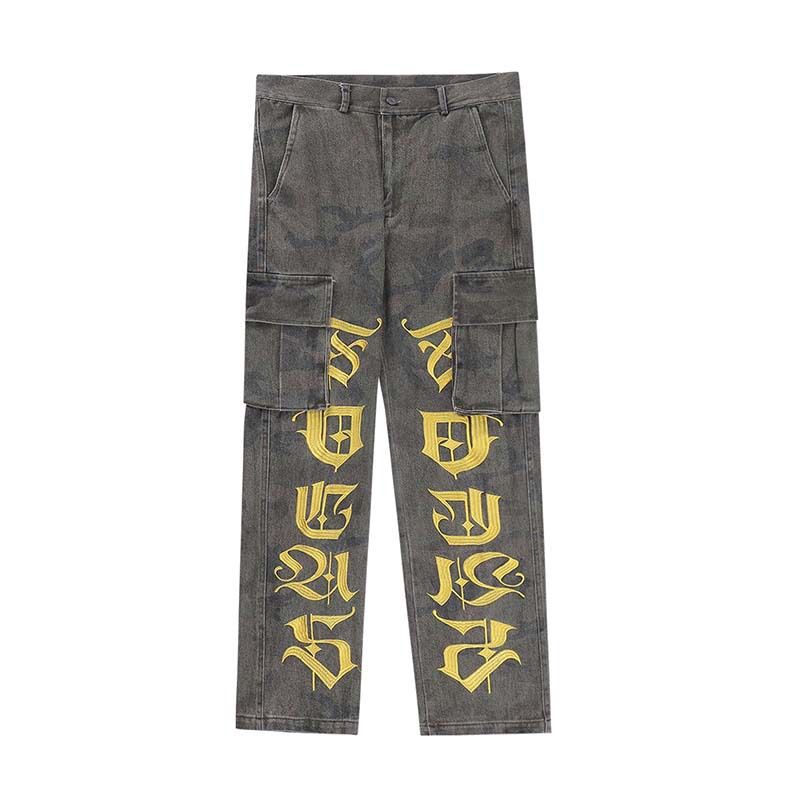 Men's Camo & Graffiti Print Streetwear Jeans – Oversized Hip-Hop Fit, Urban Military Aesthetic (6 Sizes, Washed Green, High-Street Fashion Statement)_mkmklike.com