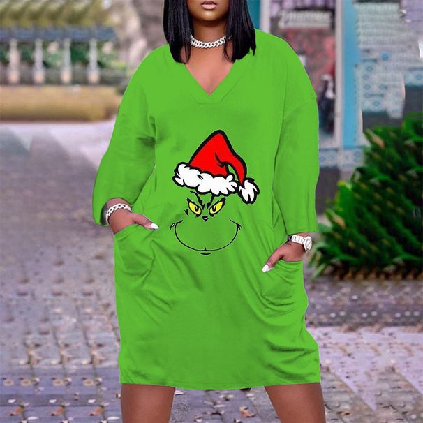 Women's Clothing Digital Christmas Green Geek Print Temperament Midi Pullover V neck Long Sleeve Dress_mkmklike.com