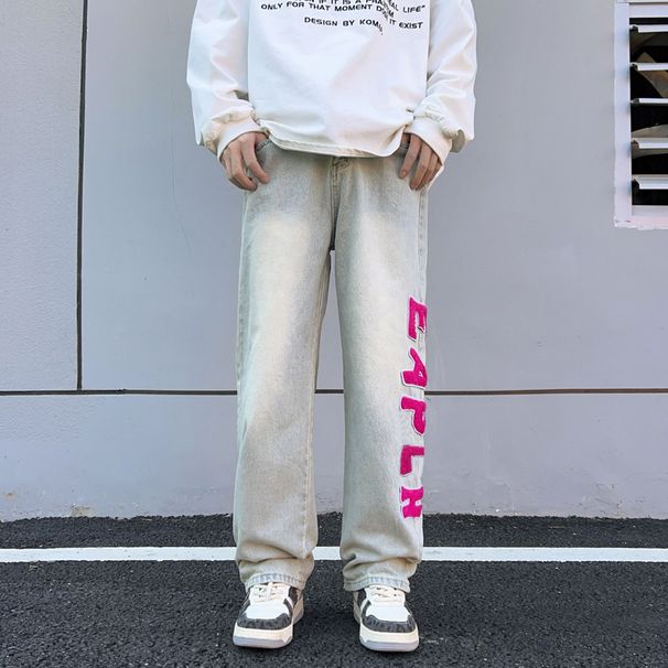 Unisex Embroidered Patchwork Straight-Leg Jeans – Oversized Streetwear Denim Pants With Distressed Details (S-3xl)_mkmklike.com