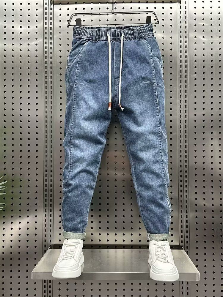 Trendy Brand Jeans, Men's Waistband, Haren Pants, Elastic Slim Fit, Ankle Binding, Autumn And Winter New Versatile_mkmklike.com