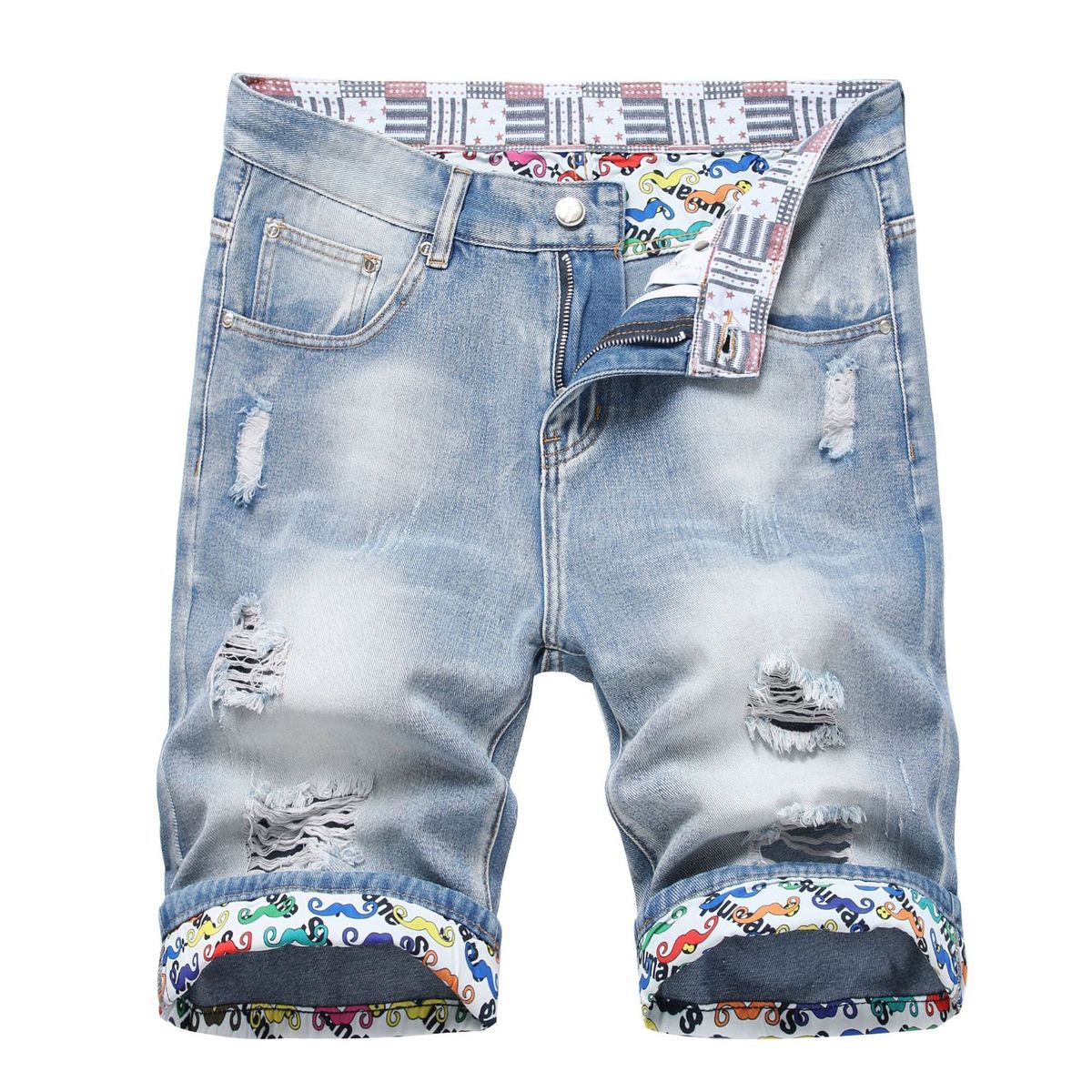 Men's Summer Blue Distressed Denim Shorts 5-Inch Inseam Casual Straight Fit Mid Rise_mkmklike.com