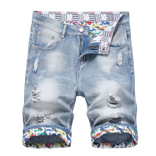 Men's Summer Blue Distressed Denim Shorts 5-Inch Inseam Casual Straight Fit Mid Rise_mkmklike.com