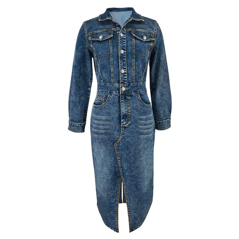 K Women's New Style Denim Dress With Lapel, Buttons, Long Sleeves, And Slits_mkmklike.com