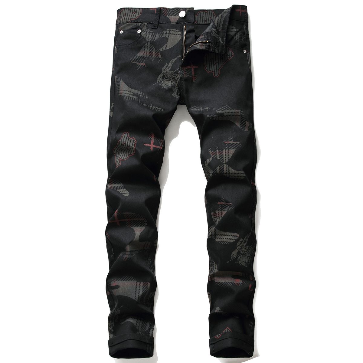 2021 Autumn Fashion Design Printed Black Stretch Jeans Men's High-end Brand Personality Casual Trendy Long Pants_mkmklike.com