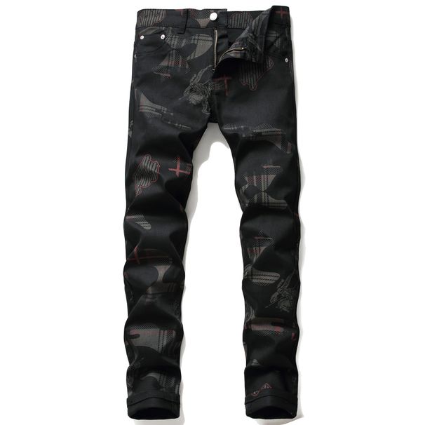 2021 Autumn Fashion Design Printed Black Stretch Jeans Men's High-end Brand Personality Casual Trendy Long Pants_mkmklike.com