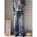 Men's American Style Straight Leg Jeans Washed Distressed Vintage Loose Fit Streetwear Trendy Wide Leg Long Pants_mkmklike.com