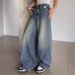 Women's High Waist Distressed Wide Leg Jeans - Vintage Washed Blue Denim Pants For Casual & Boho Style_mkmklike.com